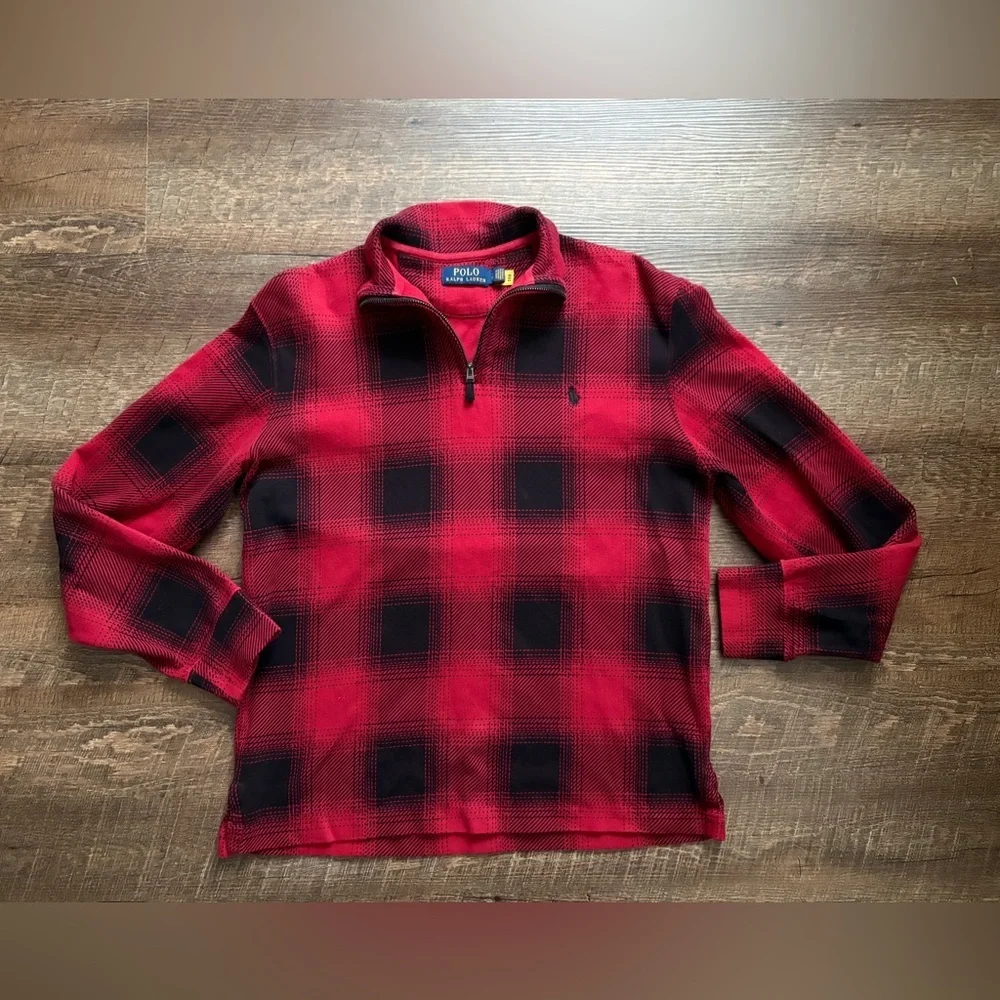 POLO Ralph Lauren Checked Buffalo Plaid Estate Rib Pullover 1/4 zip Sz S EUC